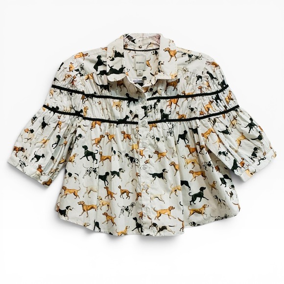 Maeve Tops - Anthropologie Maeve The Leandra Shirred Yoke Cotton Dog Print Puff Sleeve Blouse